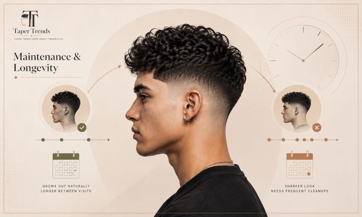 Maintenance comparison showing how a low taper grows out neatly while a low fade loses its sharpness faster.