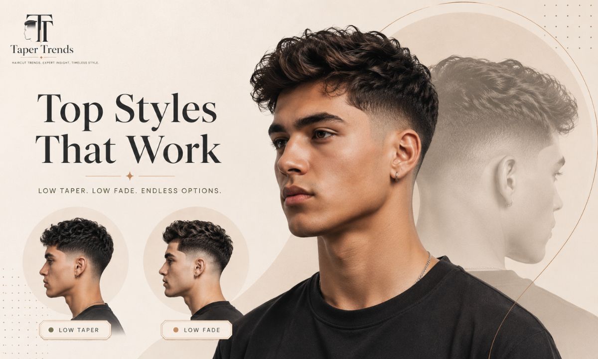 Pairing a low taper or low fade with popular styles on top — textured crop, quiff, fringe, curls, and a messy top.