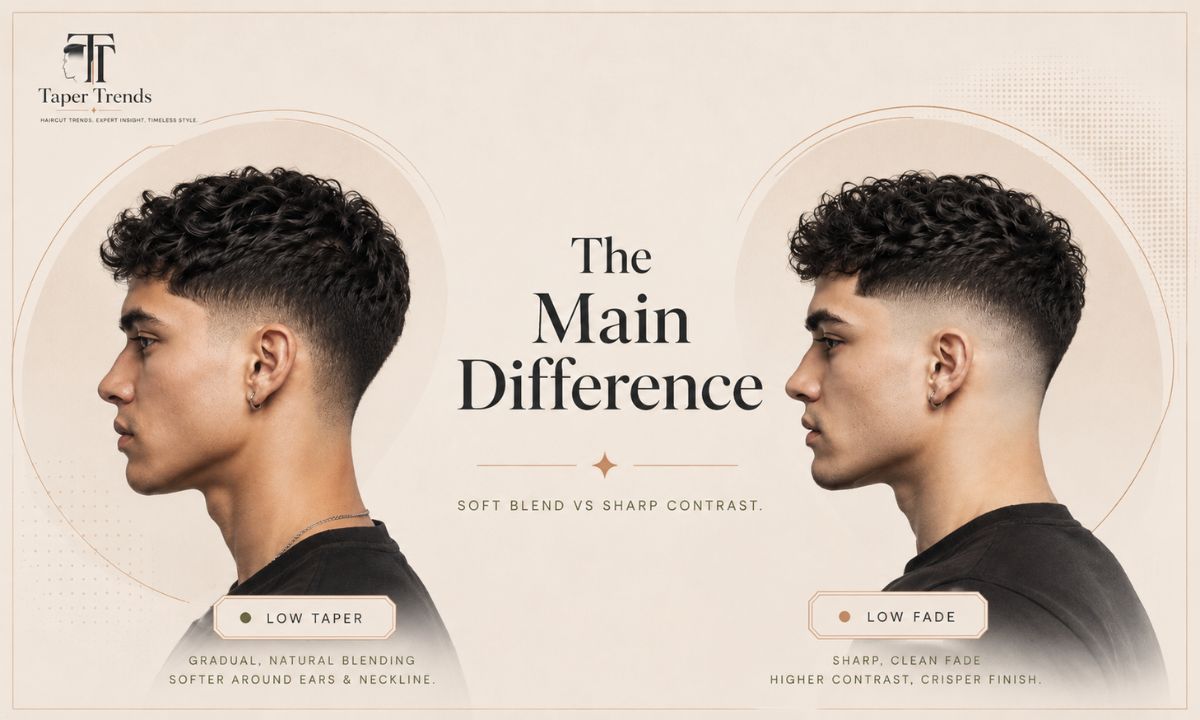 Side-by-side comparison showing the main difference between a low taper and a low fade — soft blend versus sharp contrast.