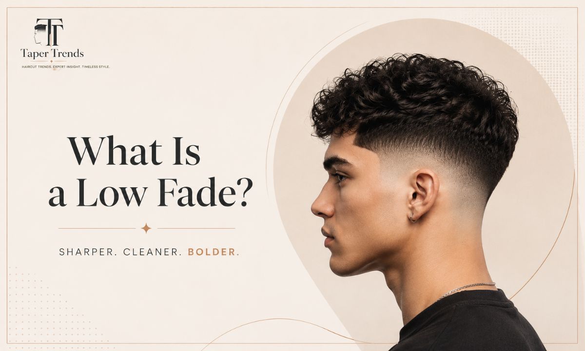 A low fade haircut showing hair dropping sharply to skin level near the ears and neckline for strong contrast.