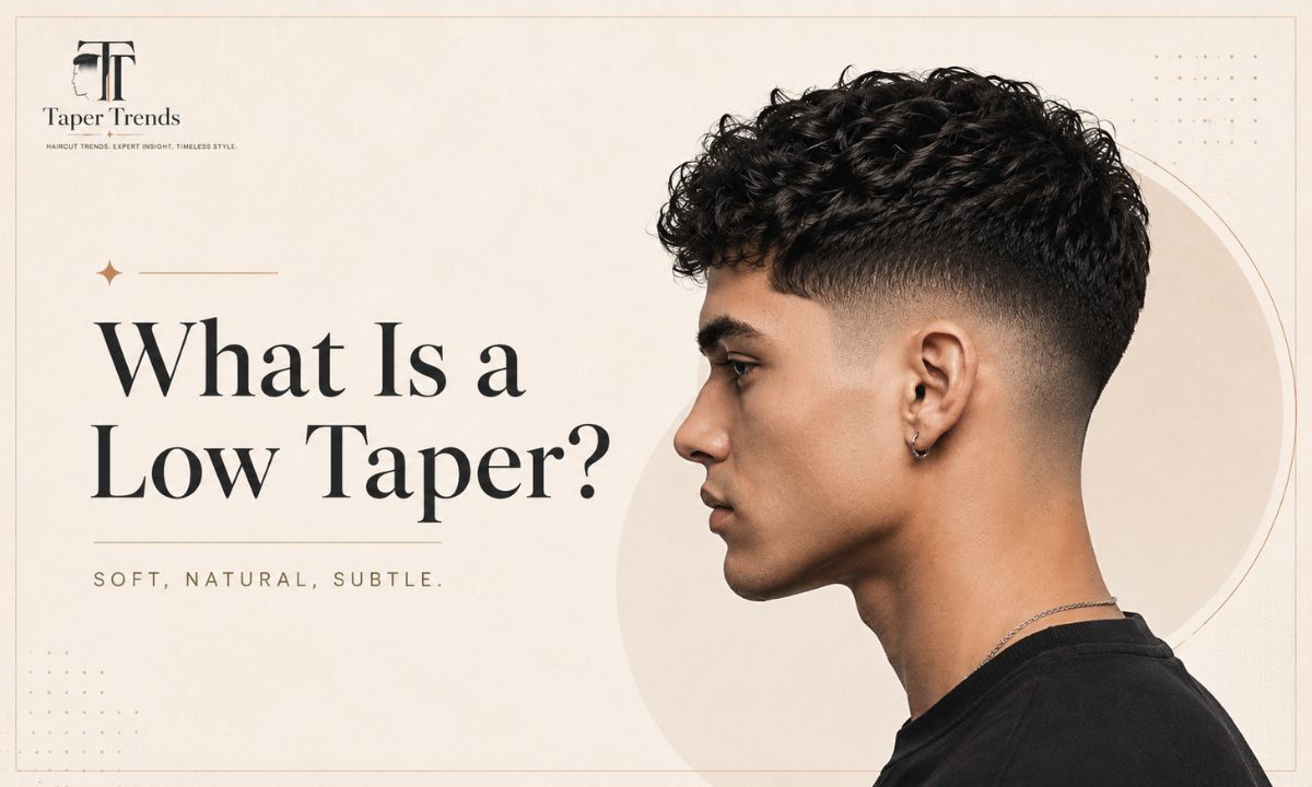 A low taper haircut showing a soft, gradual blend around the sideburns and neckline with little skin exposed.
