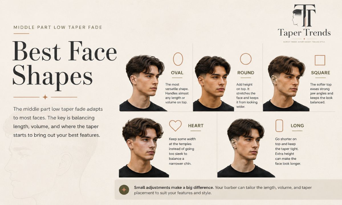 A middle part low taper fade flattering different face shapes.