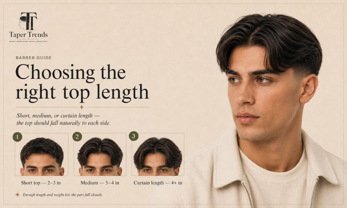 Comparing short, medium and long top lengths for a middle part low taper fade.
