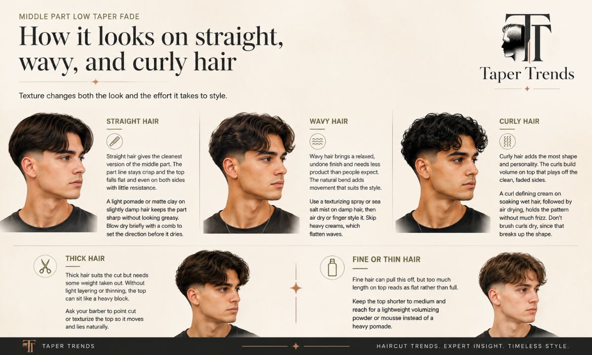 A middle part low taper fade shown on straight, wavy and curly hair textures.