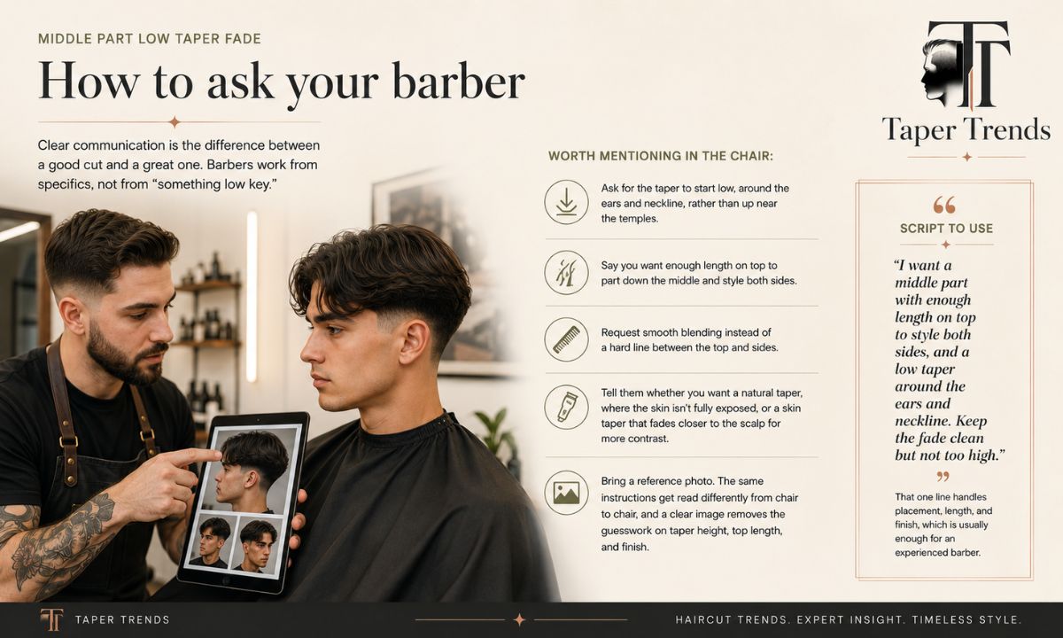 A barber creating a low taper fade with clippers around the ear and neckline.
