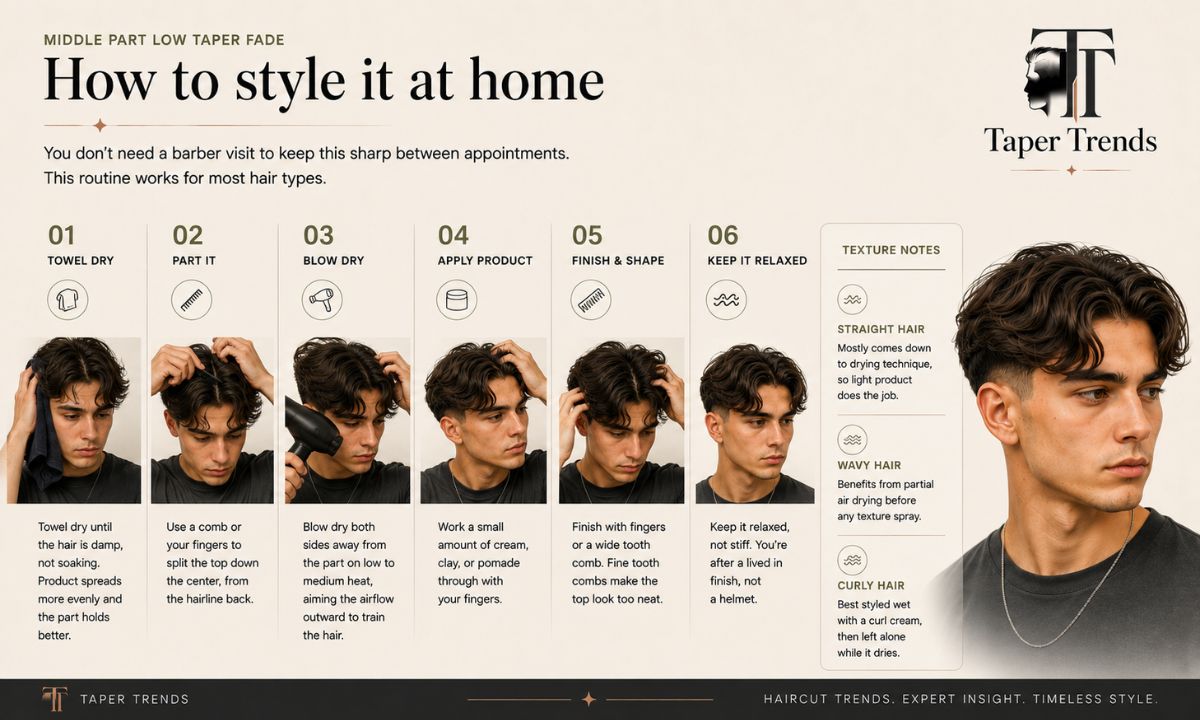 Styling a middle part low taper fade at home with a comb and blow dryer.
