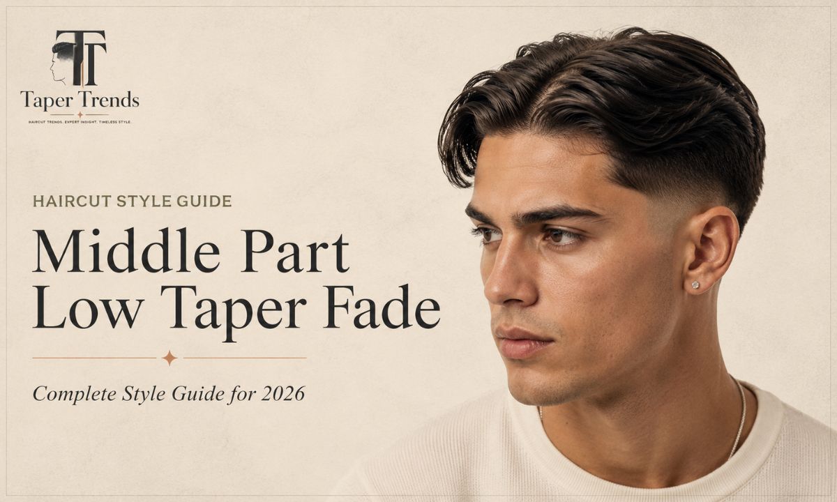 Man with a middle part low taper fade, a center-parted top falling over softly faded sides.