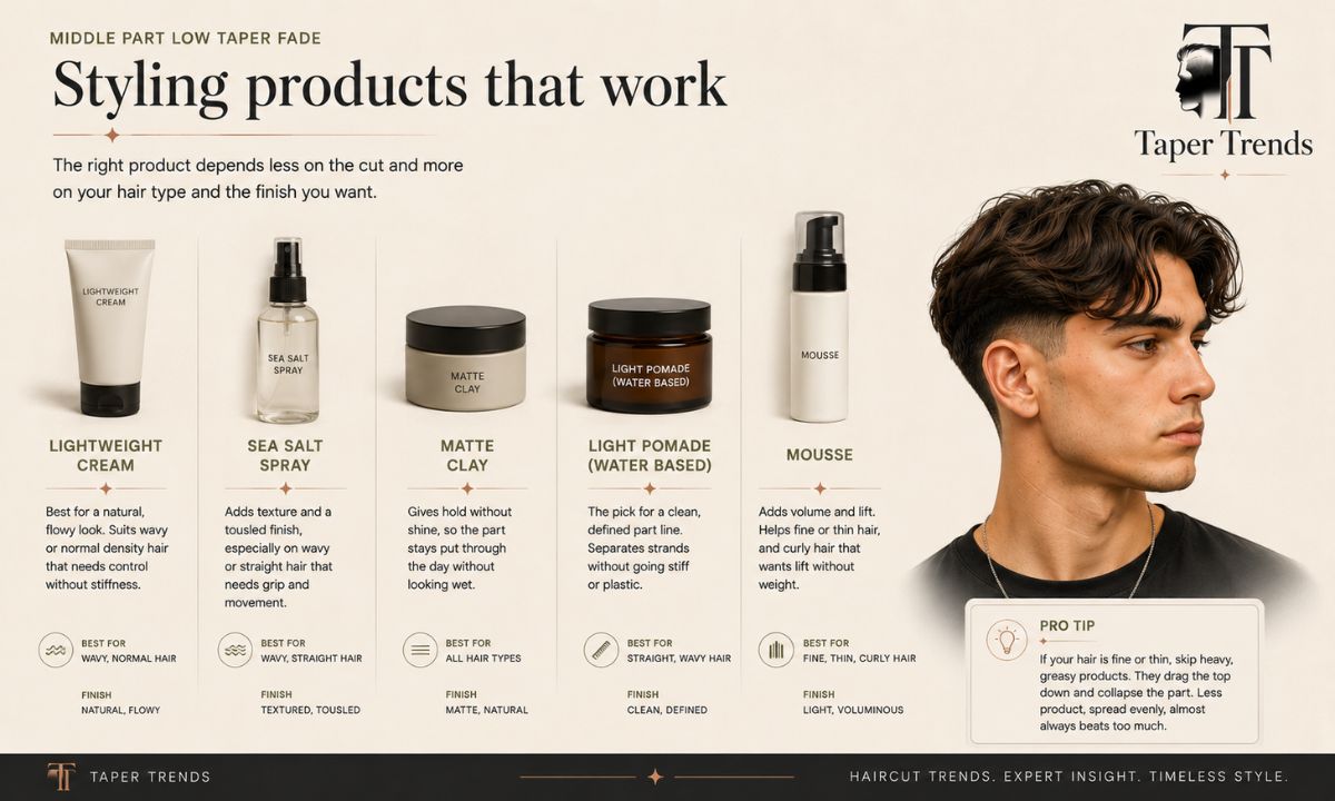 Styling products — clay, pomade and sea salt spray — laid out for a middle part low taper fade.