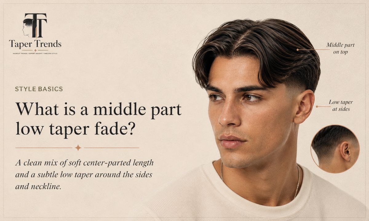 Close-up of a middle part low taper fade showing the center part on top and the low fade near the ears.