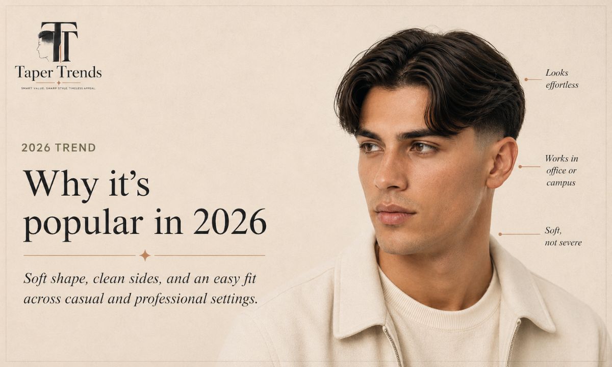 A modern middle part low taper fade styled for everyday wear in 2026.