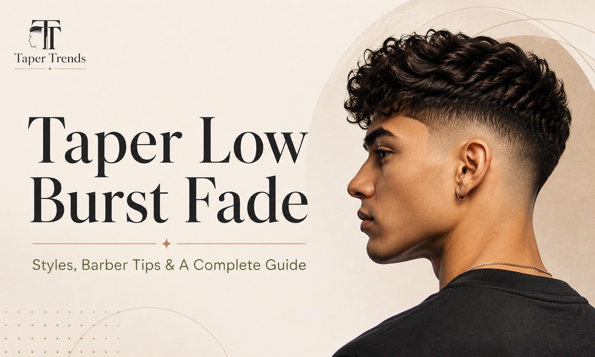 Taper low burst fade haircut — a low taper on the sides with a curved burst arcing around the ear and a textured top.