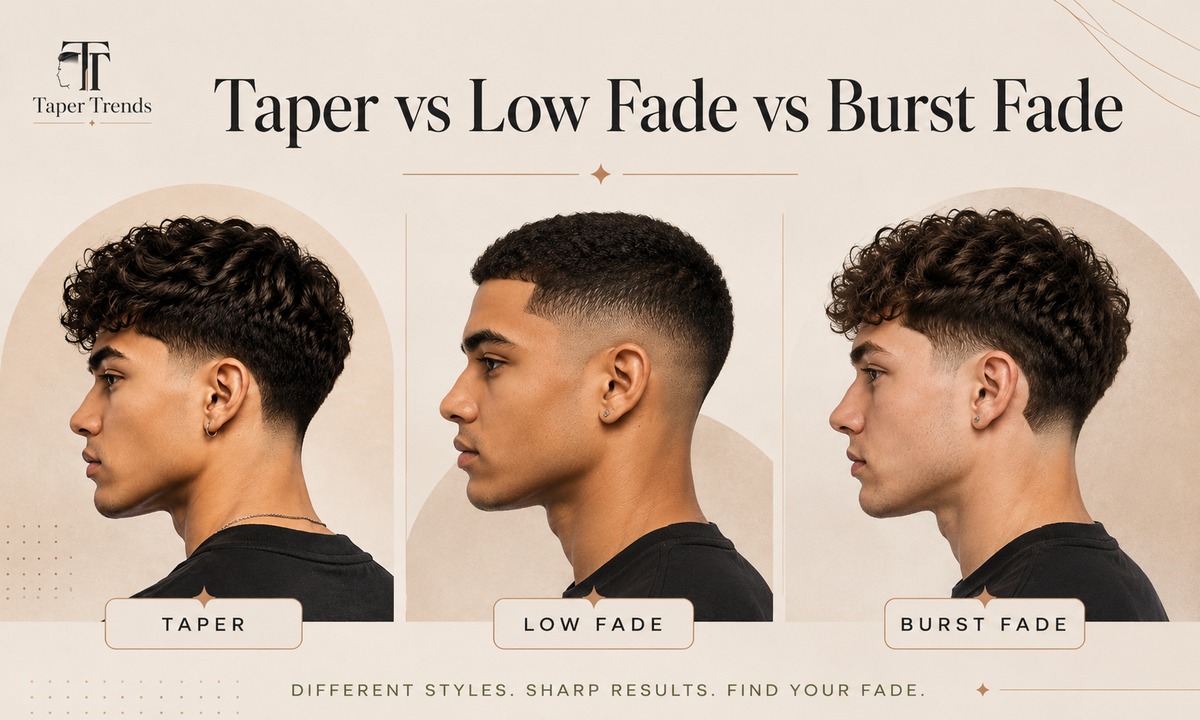 Taper vs low fade vs burst fade compared — a gradual taper, a low-starting fade, and the curved burst around the ear.