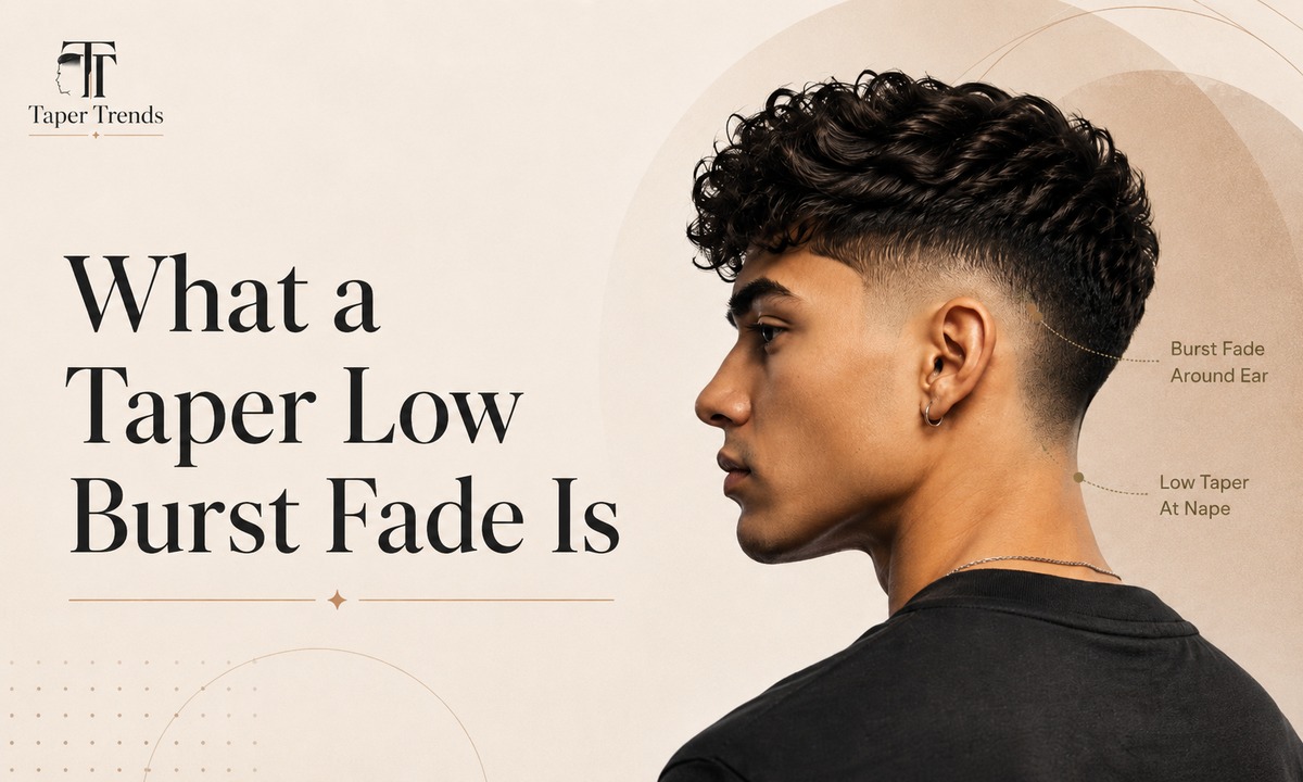 A taper low burst fade — the low taper on the sides and the curved burst arcing around the ear like a small sunburst.