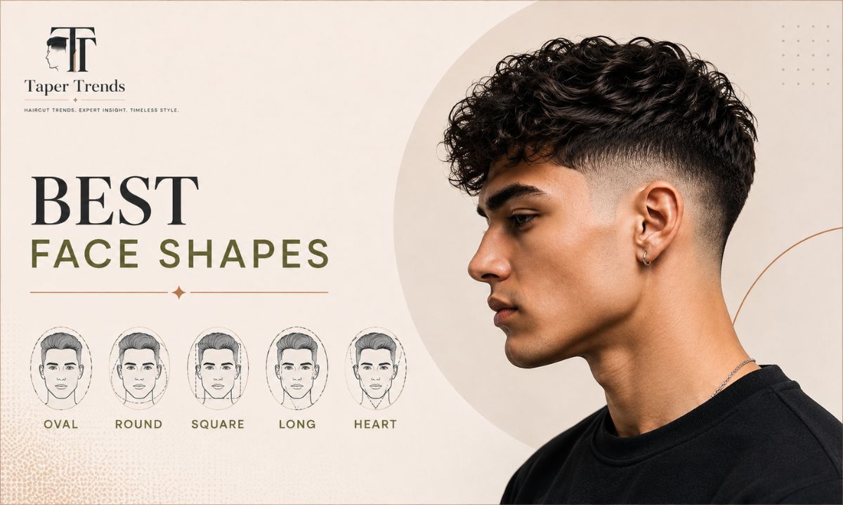 A textured fringe with low taper fade adapted to oval, round, square, long, and heart-shaped faces.