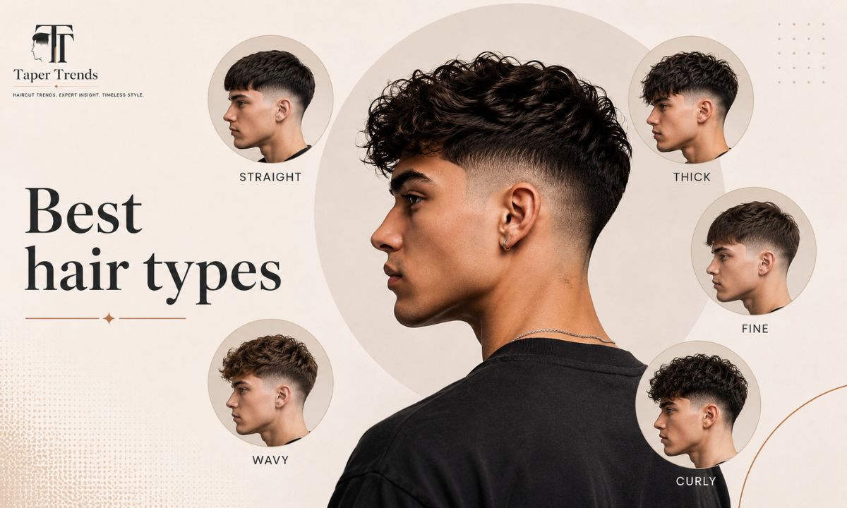 A textured fringe with low taper fade shown on straight, wavy, thick, fine, and curly hair types.