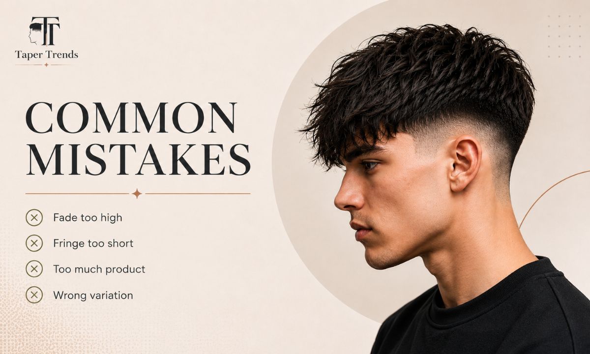 Common mistakes to avoid with a textured fringe with low taper fade, such as taking the fade too high.