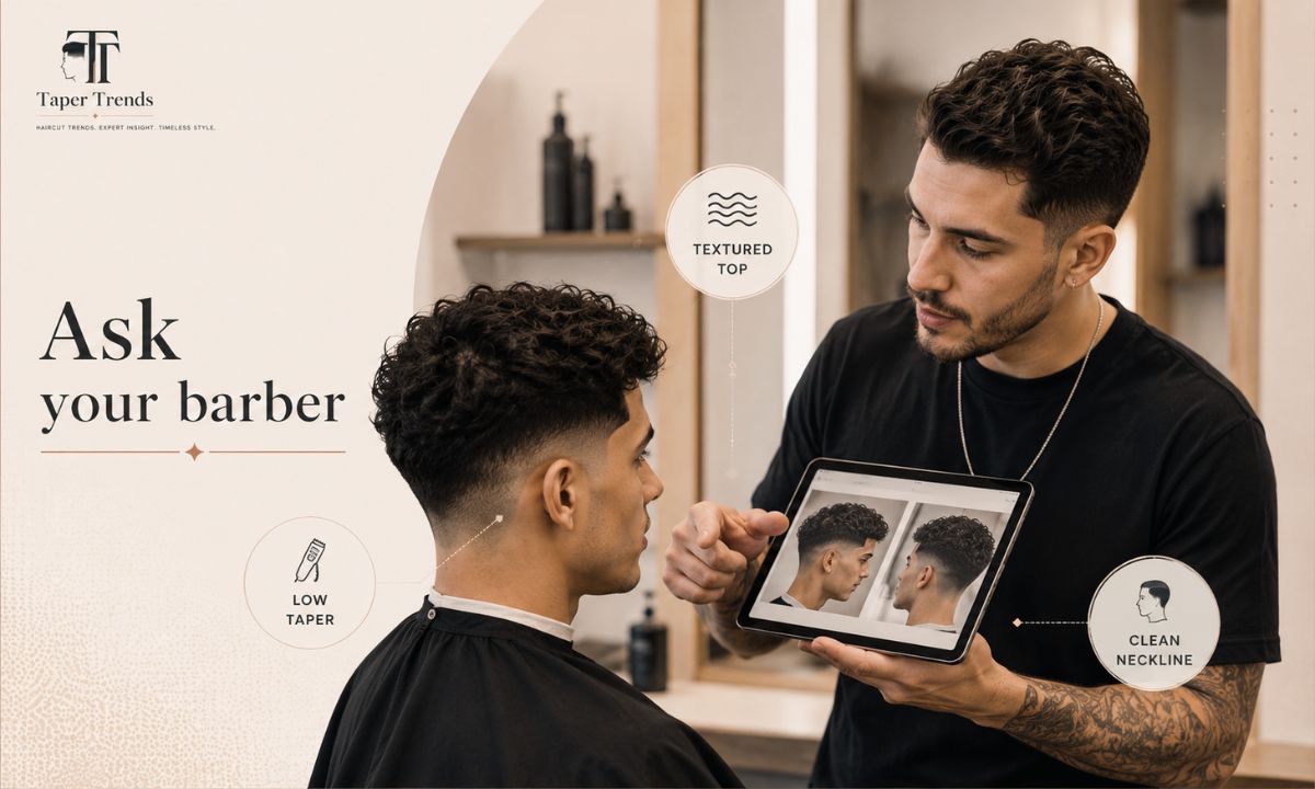 A barber cutting a textured fringe with low taper fade, point cutting the top to add movement.