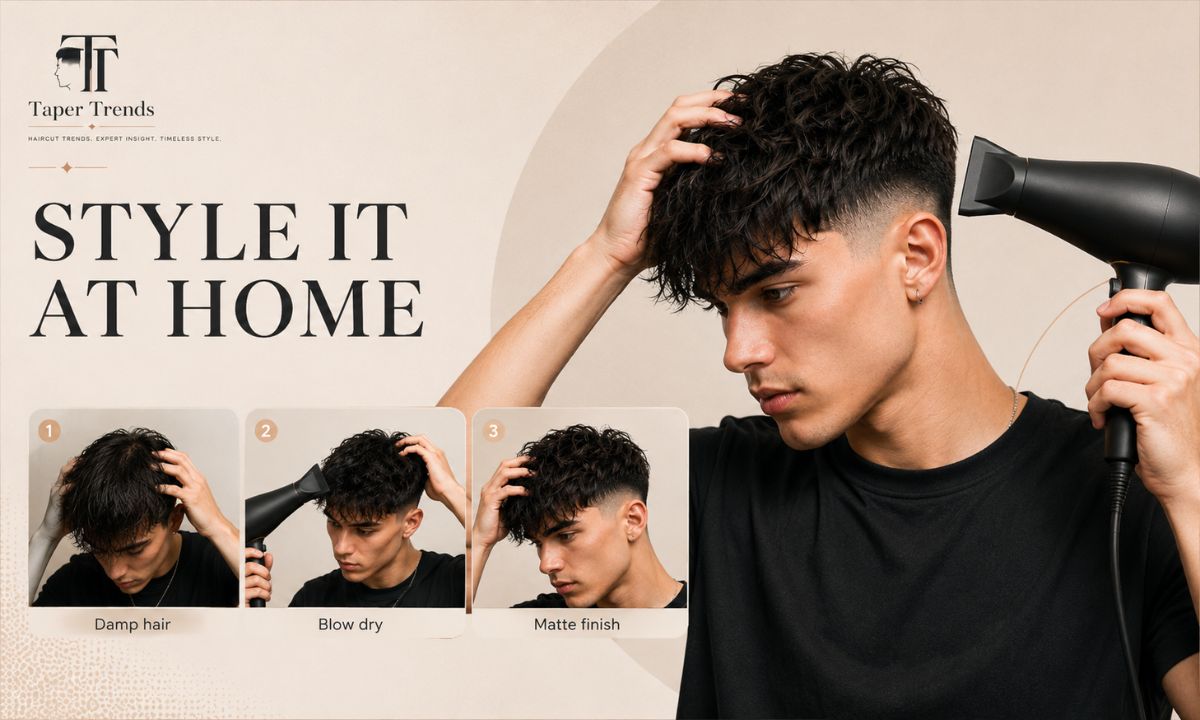 Styling a textured fringe with low taper fade at home, working matte product through damp hair with fingers.