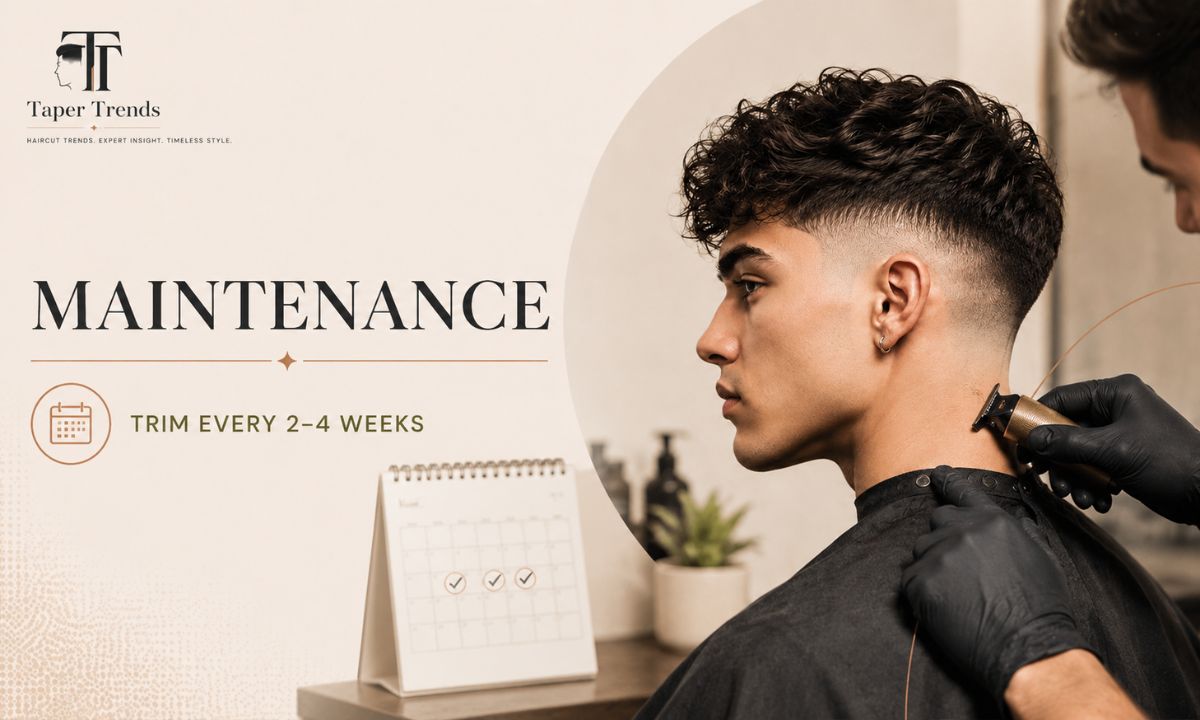 Maintenance and trim schedule for a textured fringe with low taper fade, keeping the neckline and taper sharp.
