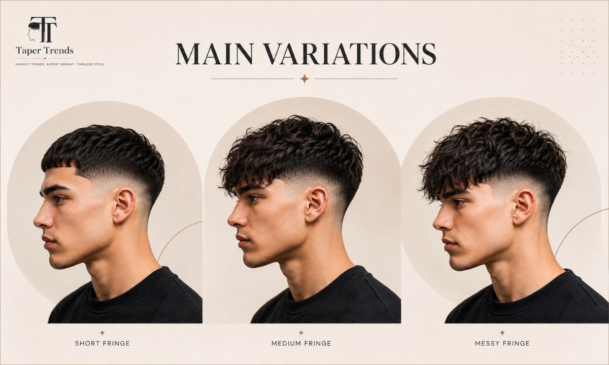 The main variations of a textured fringe with low taper fade, from short and subtle to long and messy.