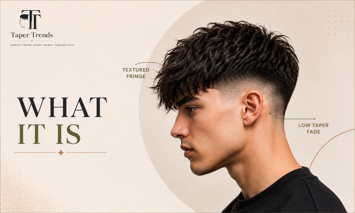 Close-up of a textured fringe with low taper fade showing loose movement on top and a low blend near the ear.