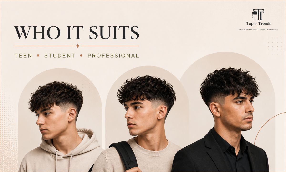 A textured fringe with low taper fade shown on a young man, suiting students, professionals, and casual settings alike.