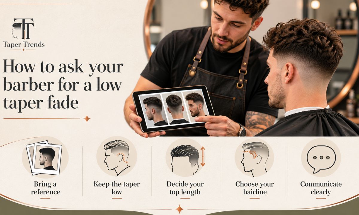 A barber creating a low taper fade with clippers low around the ear and neckline.
