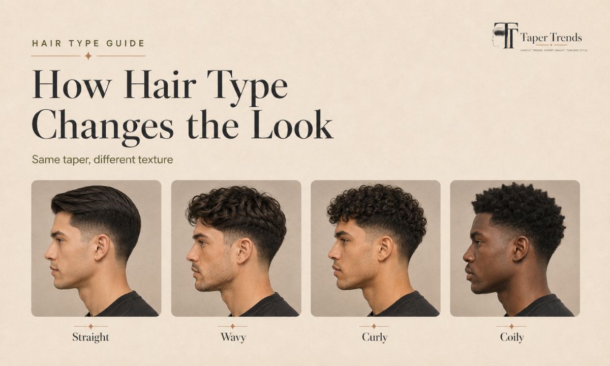 A low taper fade shown on straight, wavy, curly, and coily hair types.