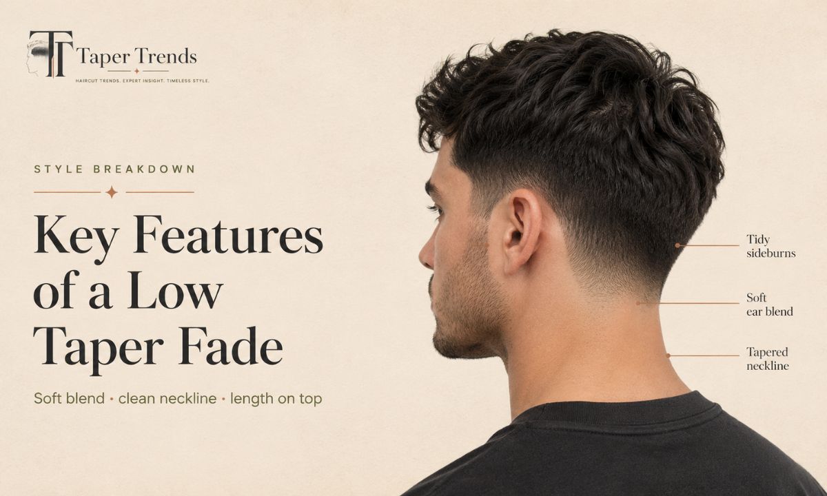 The defining features of a low taper fade — shaped sideburns, a gradual ear blend, and a clean tapered neckline.