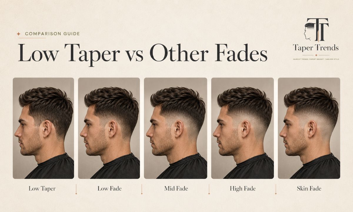 Comparison of a low taper fade against low, mid, high, and skin fades.