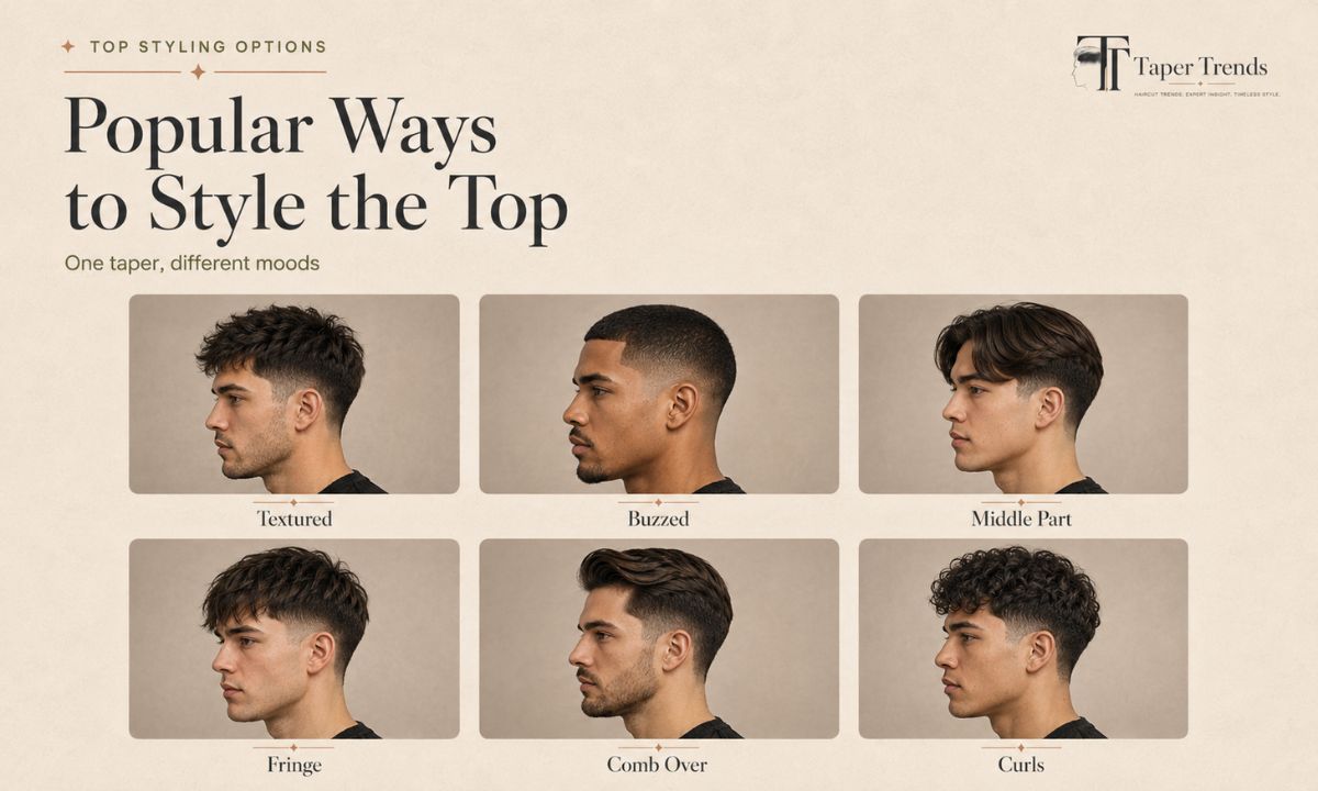 Popular ways to style the top of a low taper fade — textured, buzzed, middle part, and fringe.