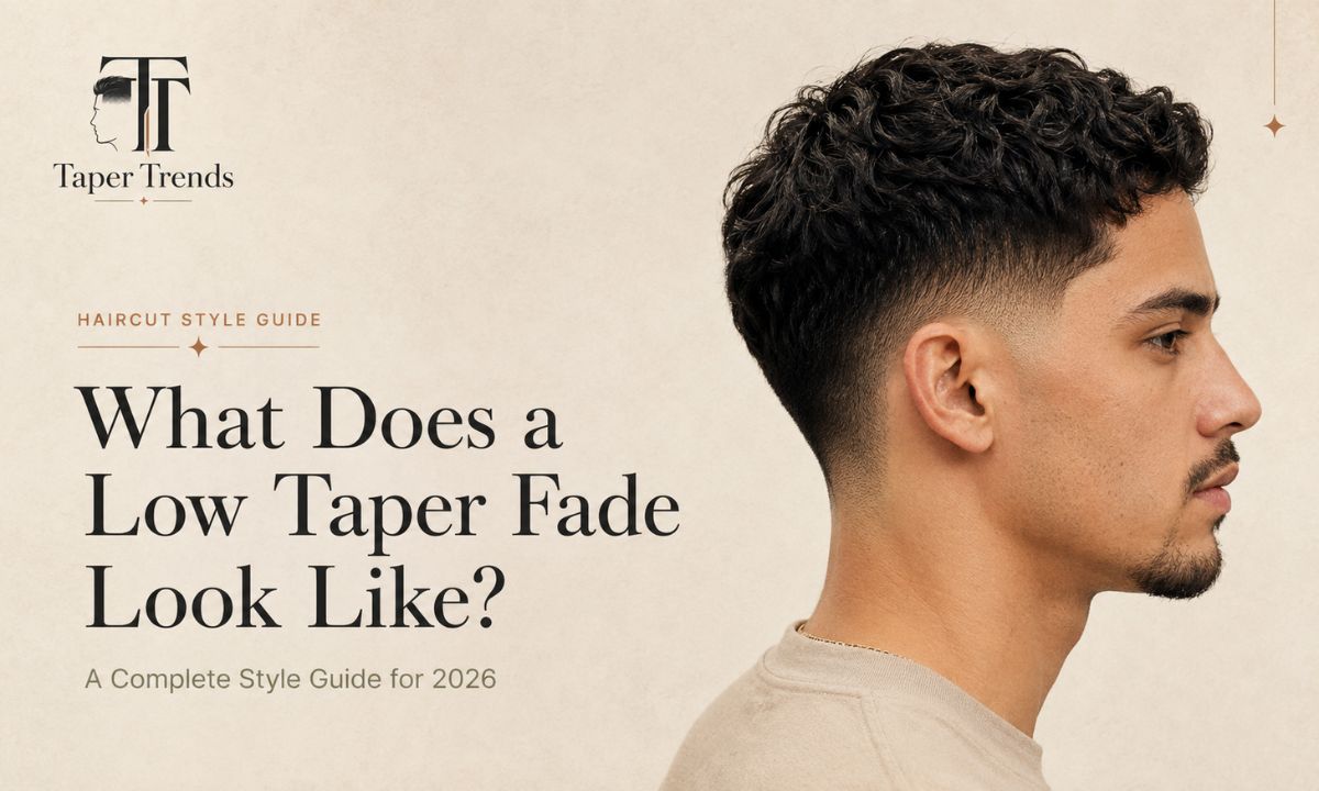 Side profile of a man showing what a low taper fade looks like — hair shortening gradually around the ear, sideburn, and neckline.