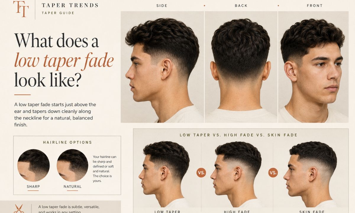 Side and back view showing what a low taper fade looks like, with the blend kept low near the ear and neckline.