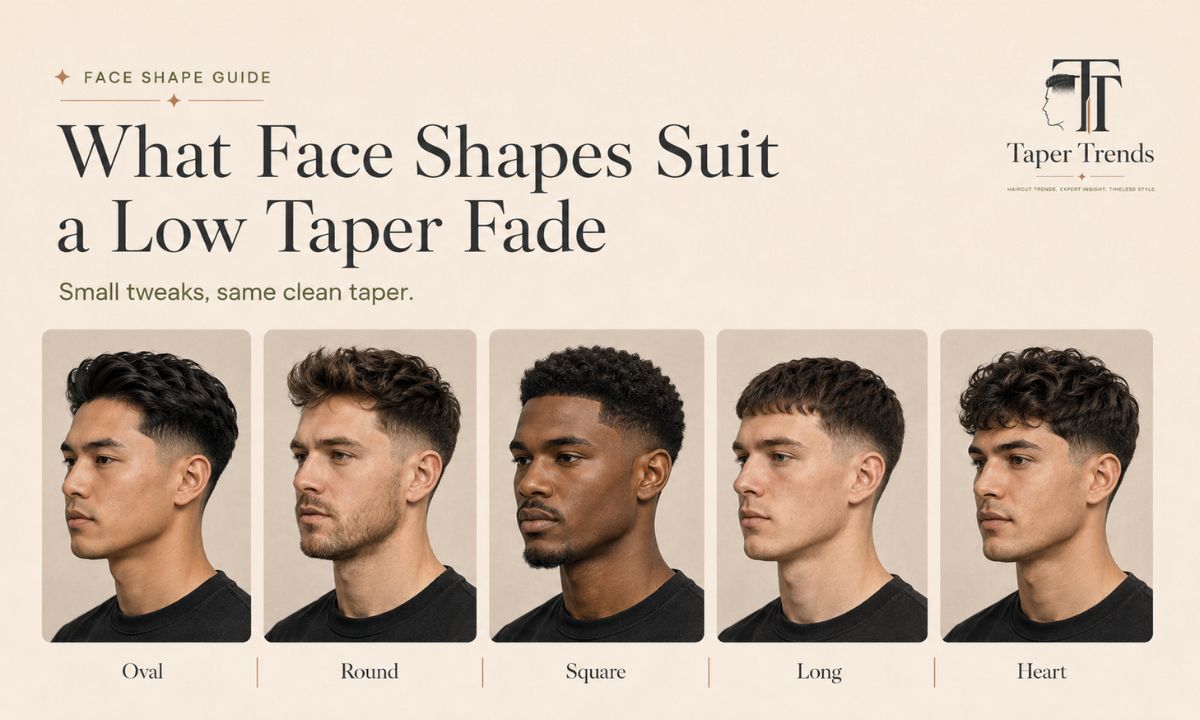 A low taper fade flattering oval, round, square, long, and heart face shapes.