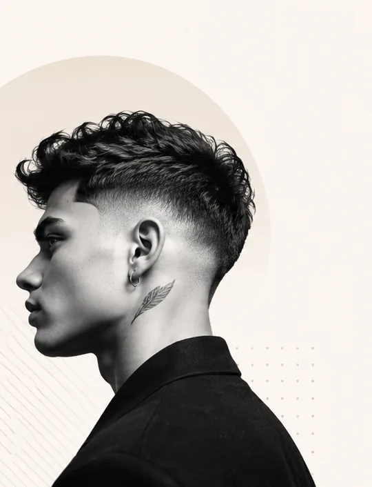 Low taper fade with textured top, editorial side profile.